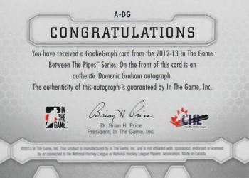 2012-13 In The Game Between The Pipes - Authentic Goaliegraphs #A-DG Domenic Graham Back
