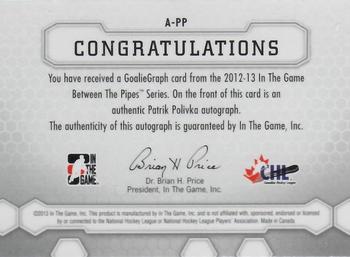 2012-13 In The Game Between The Pipes - Authentic Goaliegraphs #A-PP Patrik Polivka Back