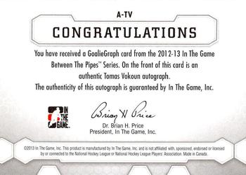 2012-13 In The Game Between The Pipes - Authentic Goaliegraphs #A-TV Tomas Vokoun Back