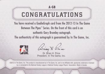 2012-13 In The Game Between The Pipes - Authentic Goaliegraphs #A-GB Gary Bromley Back