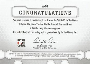 2012-13 In The Game Between The Pipes - Authentic Goaliegraphs #A-GS Greg Stefan Back