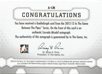 2012-13 In The Game Between The Pipes - Authentic Goaliegraphs #A-CM Corrado Micalef Back
