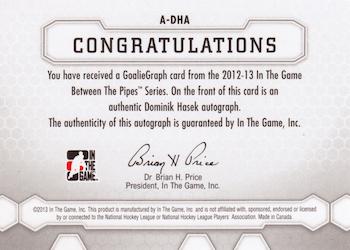 2012-13 In The Game Between The Pipes - Authentic Goaliegraphs #A-DHA Dominik Hasek Back