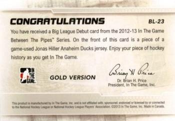 2012-13 In The Game Between The Pipes - Big League Debut Jerseys Gold #BL-23 Jonas Hiller Back