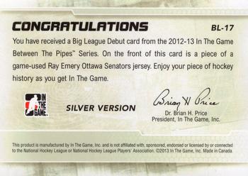 2012-13 In The Game Between The Pipes - Big League Debut Jerseys Silver #BL-17 Ray Emery Back
