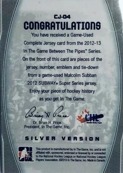2012-13 In The Game Between The Pipes - Complete Jersey Silver #CJ-04 Malcolm Subban Back