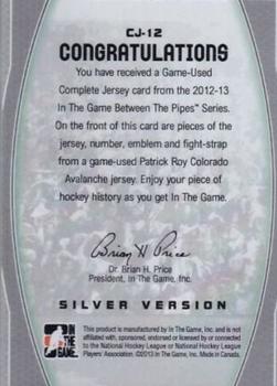 2012-13 In The Game Between The Pipes - Complete Jersey Silver #CJ-12 Patrick Roy Back