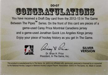 2012-13 In The Game Between The Pipes - Draft Day Jerseys Silver #DD-07 Carey Price / Jonathan Quick Back