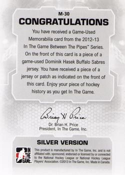 2012-13 In The Game Between The Pipes - Jerseys Patch Silver #M-30 Dominik Hasek Back