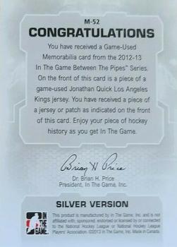 2012-13 In The Game Between The Pipes - Jerseys Patch Silver #M-52 Jonathan Quick Back