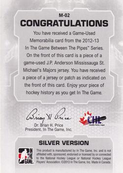 2012-13 In The Game Between The Pipes - Jerseys Silver #M-02 J.P. Anderson Back