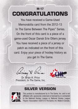 2012-13 In The Game Between The Pipes - Jerseys Silver #M-17 Oscar Dansk Back