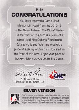 2012-13 In The Game Between The Pipes - Jerseys Silver #M-19 Alex Dubeau Back