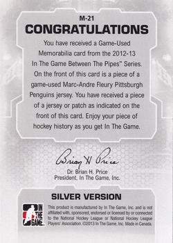 2012-13 In The Game Between The Pipes - Jerseys Silver #M-21 Marc-Andre Fleury Back