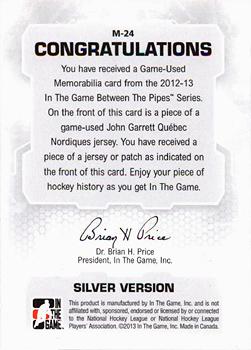 2012-13 In The Game Between The Pipes - Jerseys Silver #M-24 John Garrett Back