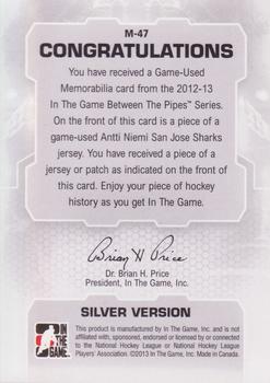 2012-13 In The Game Between The Pipes - Jerseys Silver #M-47 Antti Niemi Back
