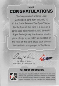 2012-13 In The Game Between The Pipes - Jerseys Silver #M-48 Jake Paterson Back