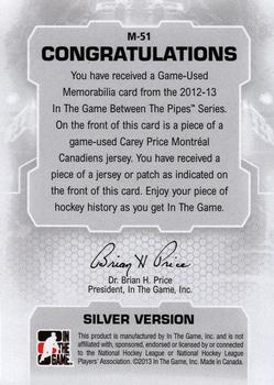 2012-13 In The Game Between The Pipes - Jerseys Silver #M-51 Carey Price Back