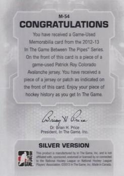 2012-13 In The Game Between The Pipes - Jerseys Silver #M-54 Patrick Roy Back