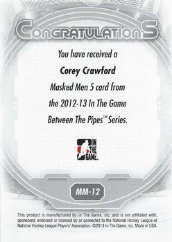 2012-13 In The Game Between The Pipes - Masked Men 5 Rainbow Foil #MM-12 Corey Crawford Back