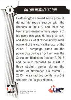 2012-13 In The Game Draft Prospects #11 Dillon Heatherington Back