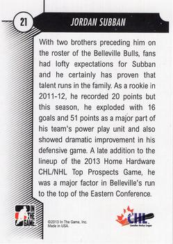 2012-13 In The Game Draft Prospects #21 Jordan Subban Back