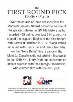 2012-13 In The Game Draft Prospects #100 Denis Savard Back