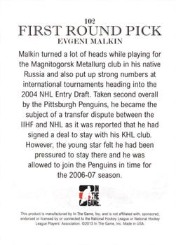 2012-13 In The Game Draft Prospects #102 Evgeni Malkin Back