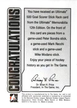 2012-13 In The Game Ultimate Memorabilia - 500 Goal Scorer Stick Rack #2 Peter Bondra / Mark Recchi / Mike Modano Back