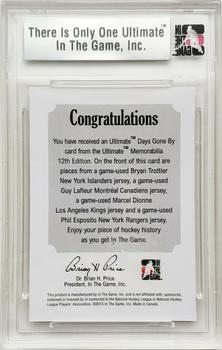 2012-13 In The Game Ultimate Memorabilia - Days Gone By Memorabilia #NNO Bryan Trottier / Guy Lafleur / Marcel Dionne / Phil Esposito Back