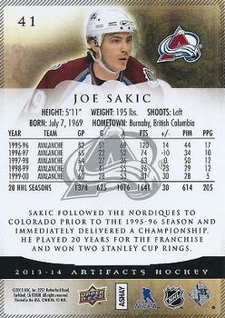 2013-14 Upper Deck Artifacts #41 Joe Sakic Back