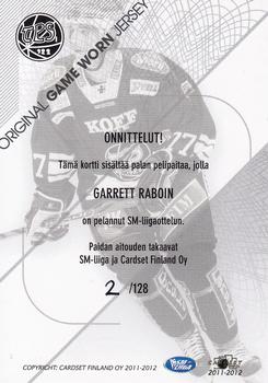 2011-12 Cardset Finland - Game Worn Jersey Exchange #NNO Garrett Raboin Back