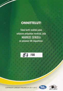 2011-12 Cardset Finland - Patch Exchange #NNO Markus Seikola Back