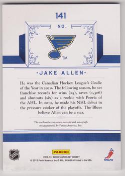 2012-13 Panini Rookie Anthology - Rookie Treasures Patch #141 Jake Allen Back