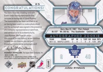 2012-13 SP Authentic - 2012-13 SPx Autographed Rookie Jerseys #25 Jussi Rynnas Back