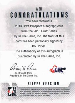 2012-13 In The Game Draft Prospects - Autographs Silver #A-BH Bo Horvat Back