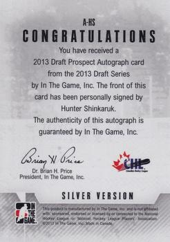2012-13 In The Game Draft Prospects - Autographs Silver #A-HS Hunter Shinkaruk Back