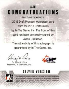 2012-13 In The Game Draft Prospects - Autographs Silver #A-JDI Jason Dickinson Back