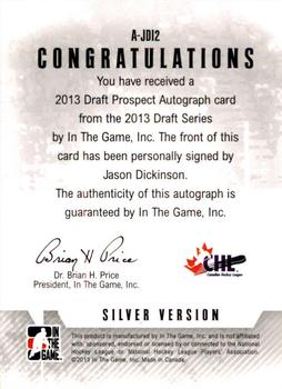 2012-13 In The Game Draft Prospects - Autographs Silver #A-JDI2 Jason Dickinson Back