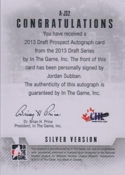 2012-13 In The Game Draft Prospects - Autographs Silver #A-JS2 Jordan Subban Back
