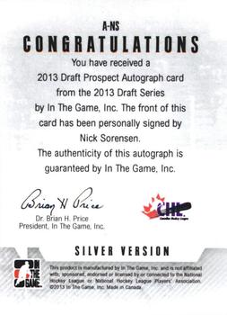 2012-13 In The Game Draft Prospects - Autographs Silver #A-NS Nick Sorensen Back