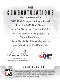 2012-13 In The Game Draft Prospects - Autographs Gold #A-NM Nathan MacKinnon Back