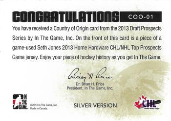 2012-13 In The Game Draft Prospects - Country of Origin Silver #COO-01 Seth Jones Back