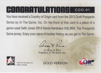 2012-13 In The Game Draft Prospects - Country of Origin Gold #COO-01 Seth Jones Back