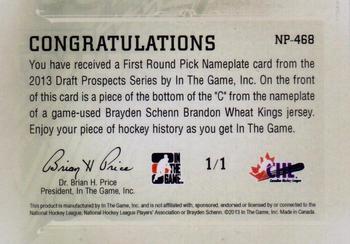 2012-13 In The Game Draft Prospects - First Round Nameplates #NP-468 Brayden Schenn Back