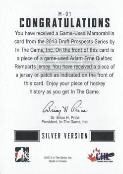 2012-13 In The Game Draft Prospects - Game-Used Jerseys Silver #M-01 Adam Erne Back