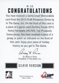 2012-13 In The Game Draft Prospects - Game-Used Jerseys Silver #M-35 Zachary Fucale Back