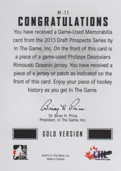 2012-13 In The Game Draft Prospects - Game-Used Jerseys Gold #M-11 Philippe Desrosiers Back