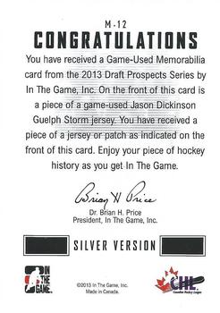 2012-13 In The Game Draft Prospects - Game-Used Jerseys Patch Silver #M-12 Jason Dickinson Back