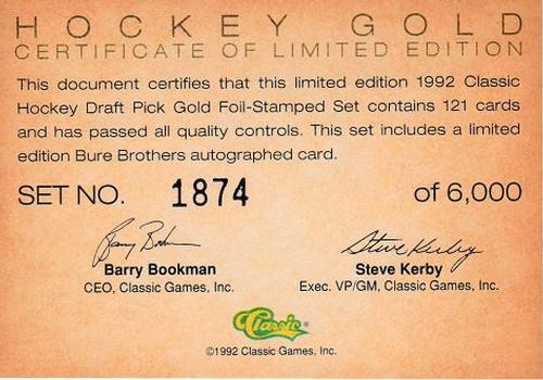 1992 Classic Draft Picks - Gold #NNO Certification of Limited Edition Front